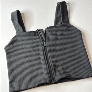 Aerie Ribbed Square Neck Zip Up Cropped Top Gray Large